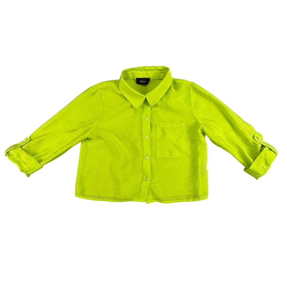 B-Wear Button Down Shirt Women's Small Cropped Neon Lime Green St. Patrick's Day